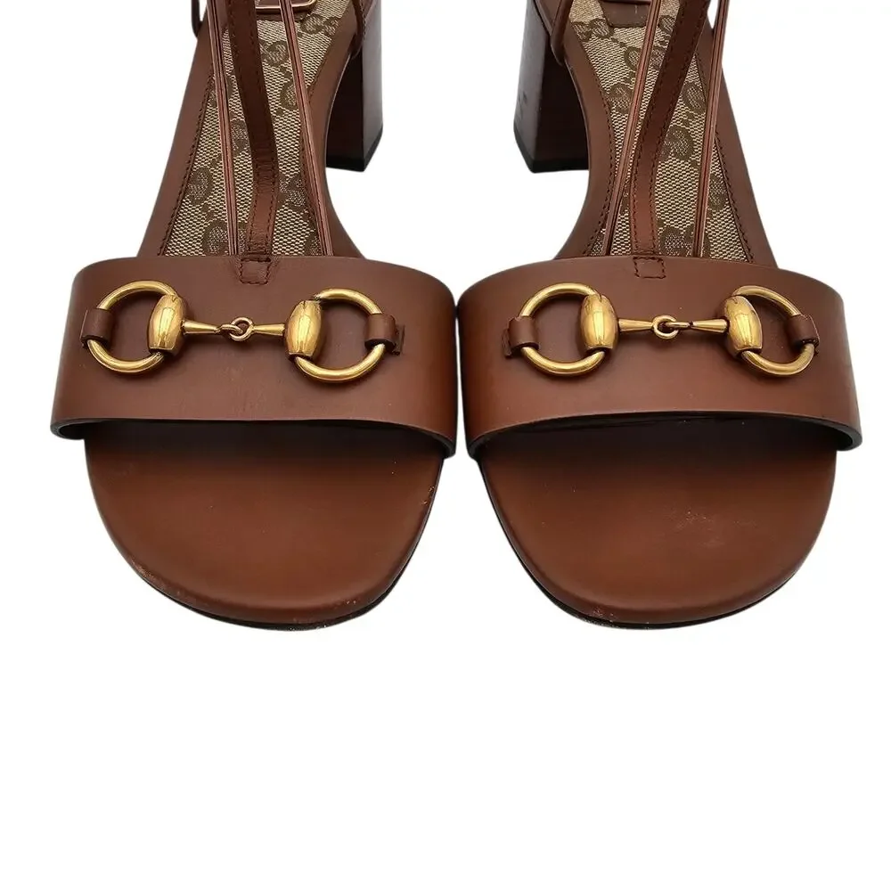 Gucci GG Brown Leather Horsebit T Strap Block Heel Sandal Gold Size 40 US 10